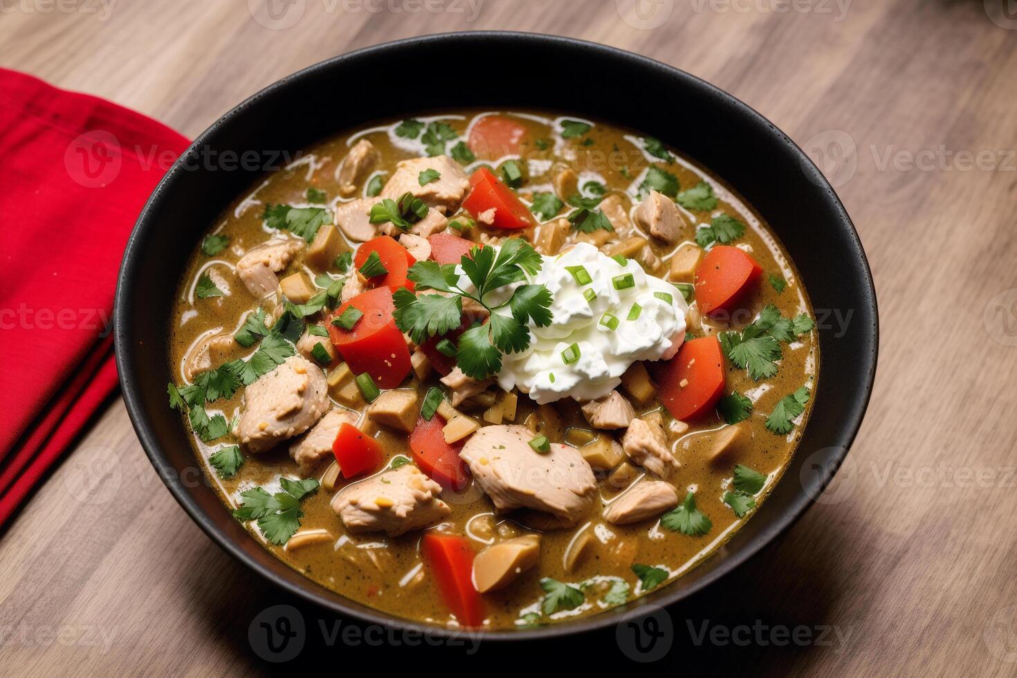 Curry with chicken and vegetables in a bowl on a wooden table. Gumbo. Vegetable soup. Seafood soup photo