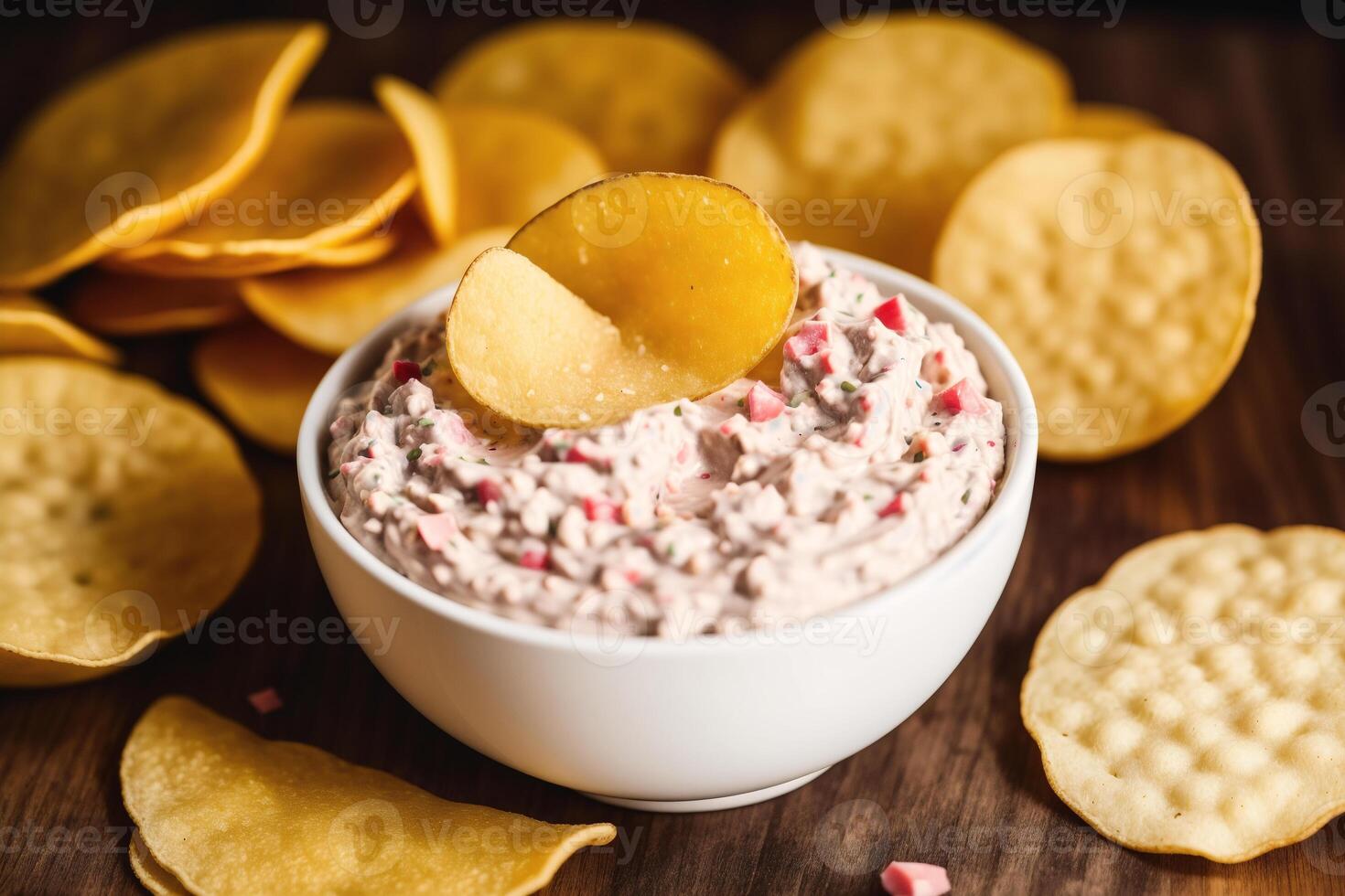 Potato chips in a bowl on a wooden background. photo