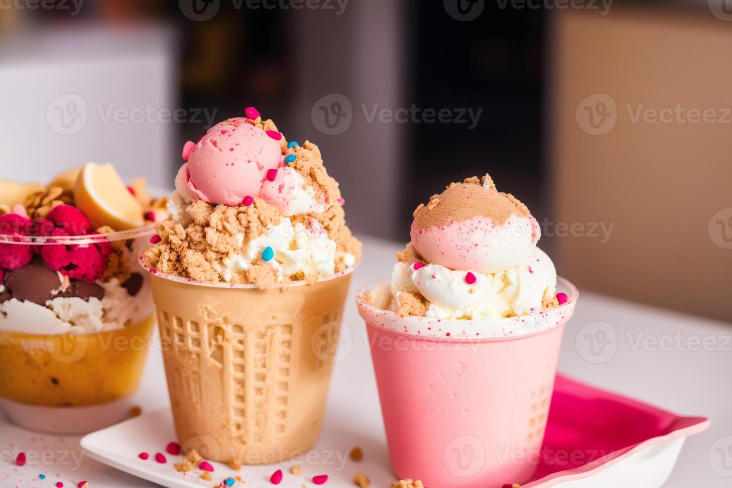 delicious ice cream in a cup, close-up, on the table. sweet food. photo