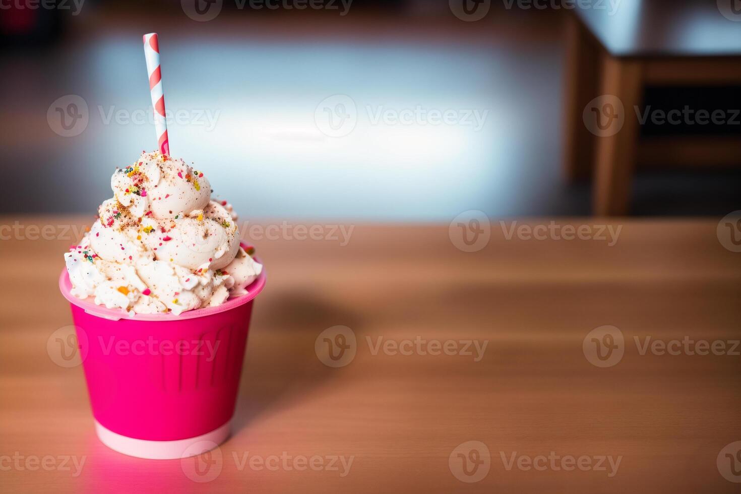delicious ice cream in a cup, close-up, on the table. sweet food. photo