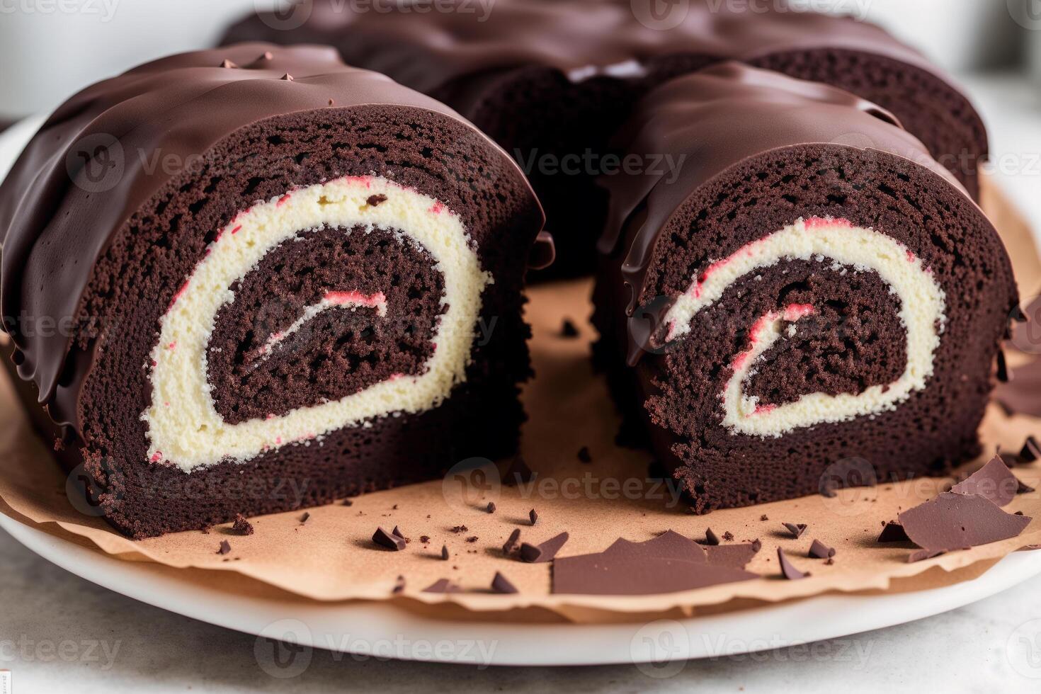 A swiss roll on a white plate on a wooden table. Homemade chocolate roll. Red velvet cake. photo