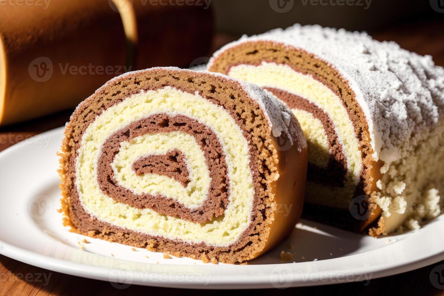 A swiss roll on a white plate on a wooden table. Homemade chocolate roll. Red velvet cake. photo