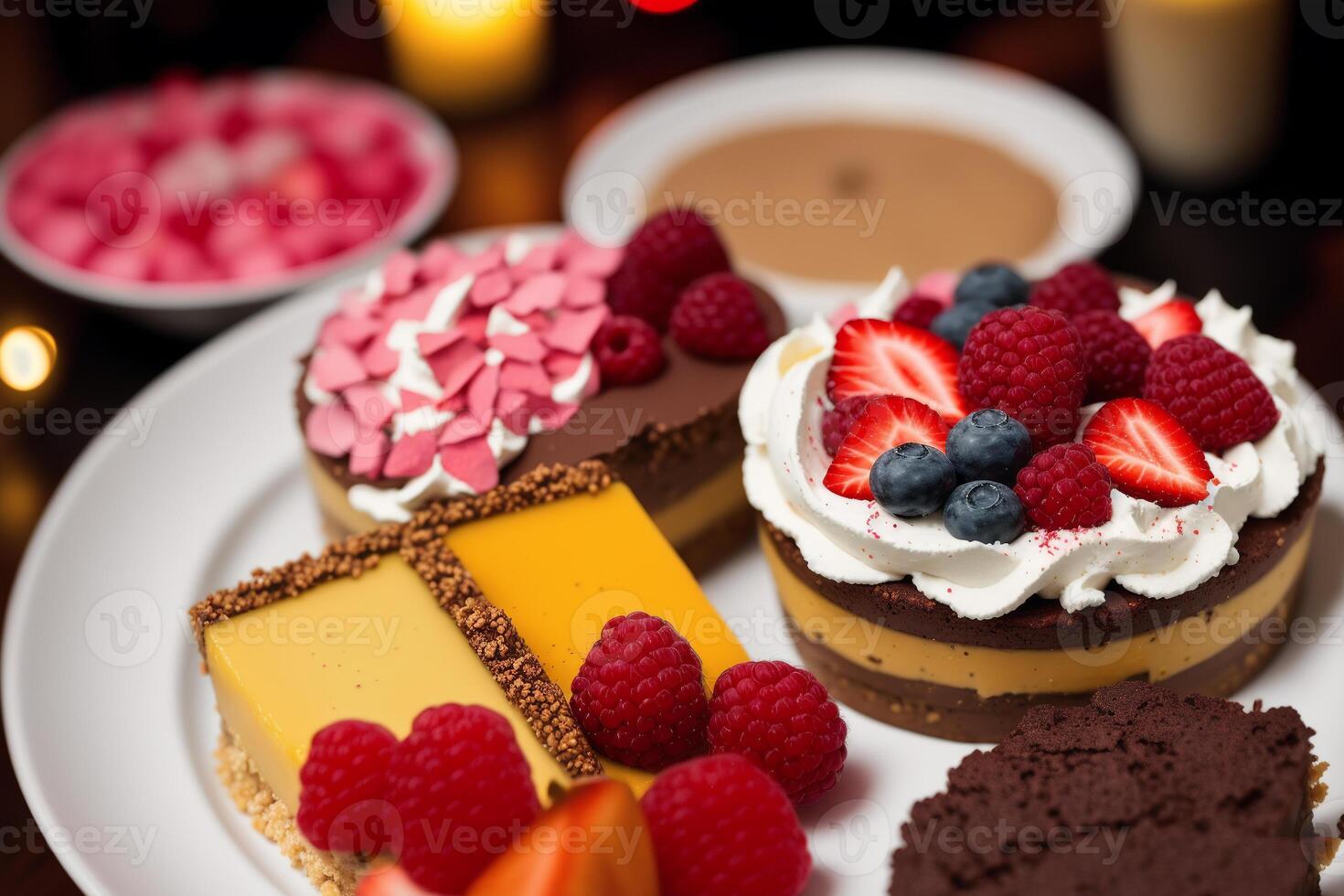 Assortment of cakes with different fillings on a wooden table. Homemade cake. photo