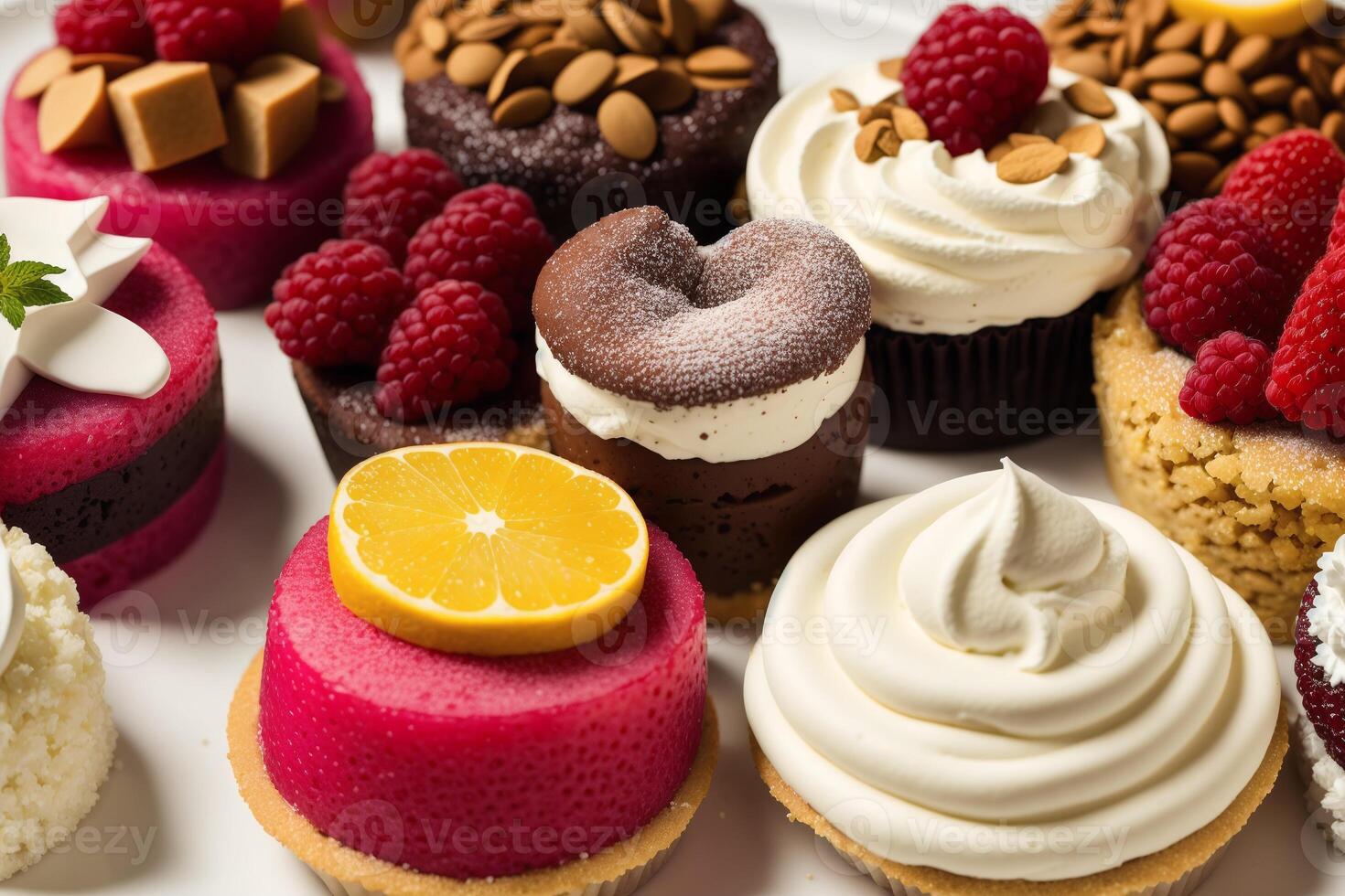 Assortment of cakes with different fillings on a wooden table. Homemade cake. photo