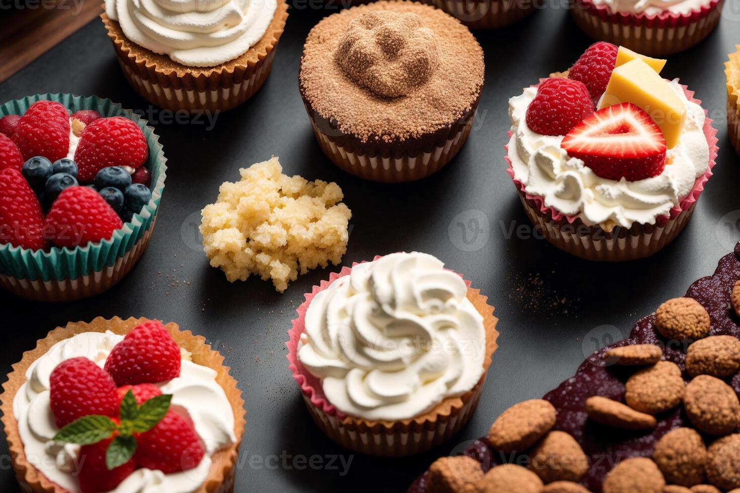 Assortment of cakes with different fillings on a wooden table. Homemade cake. photo