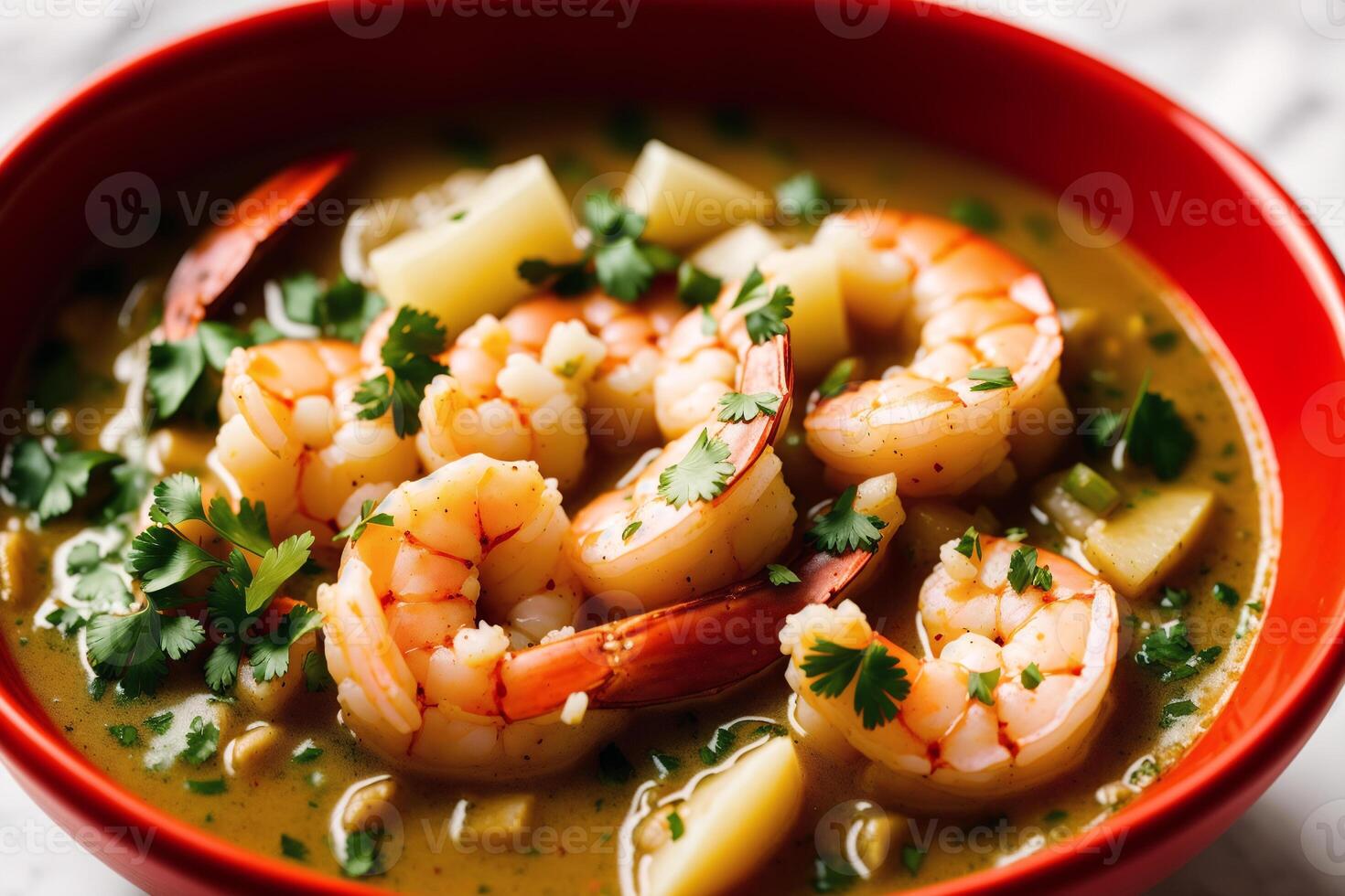 Curry with chicken and vegetables in a bowl on a wooden table. Gumbo. Vegetable soup. Seafood soup photo