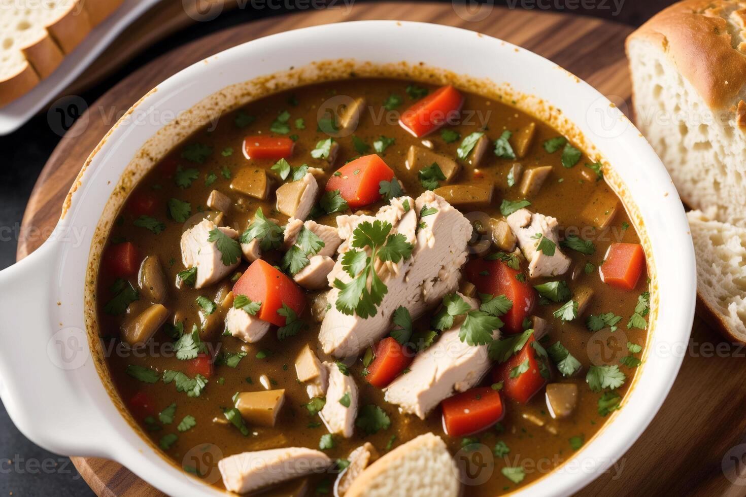 Curry with chicken and vegetables in a bowl on a wooden table. Gumbo. Vegetable soup. Seafood soup photo