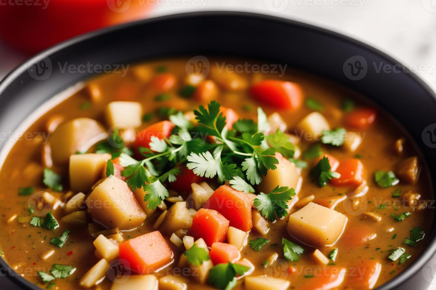 Curry with chicken and vegetables in a bowl on a wooden table. Gumbo. Vegetable soup. Seafood soup photo