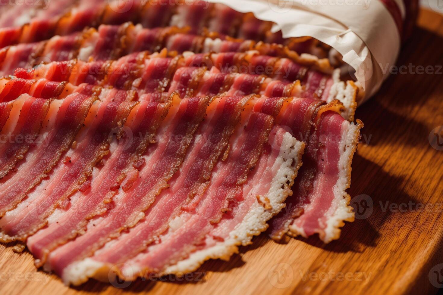 Delicious slices of smoked bacon on a wooden table. photo