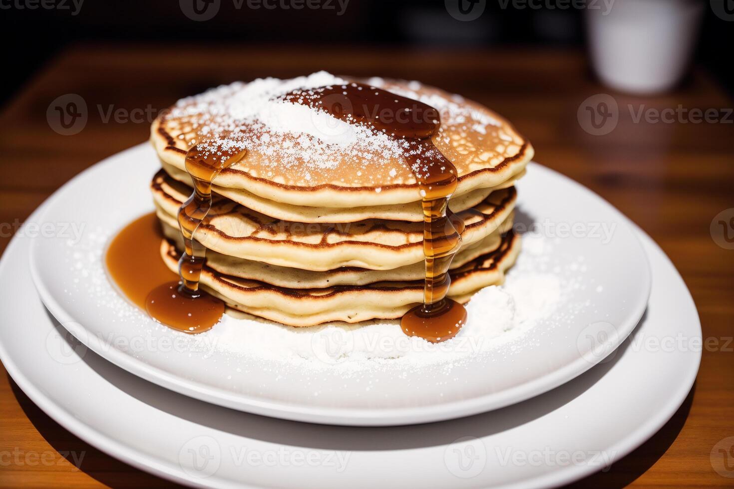 Stack of pancakes with maple syrup and sugar powder on a white plate. strawberries and whipped cream, photo