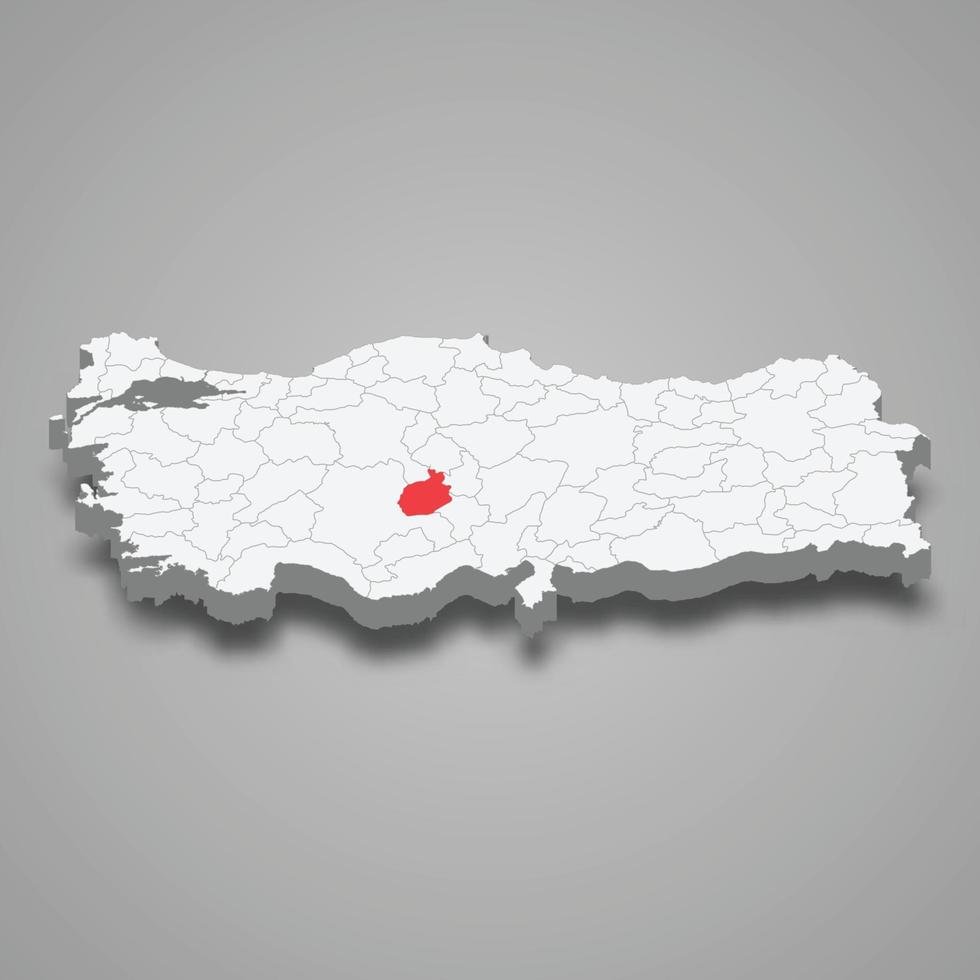 Aksaray region location within Turkey 3d map vector