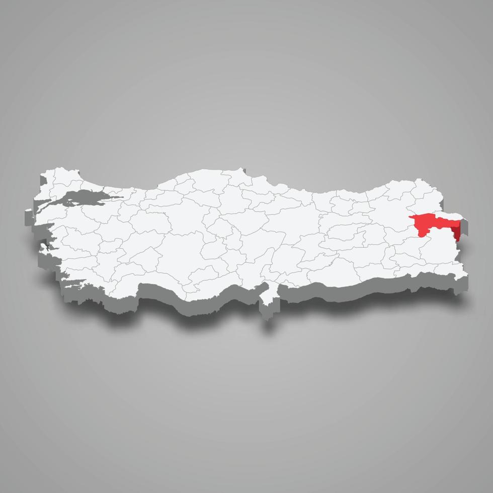 Agri region location within Turkey 3d map vector