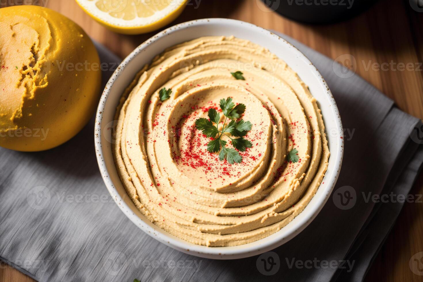 A bowl of hummus sits on a wooden table. photo