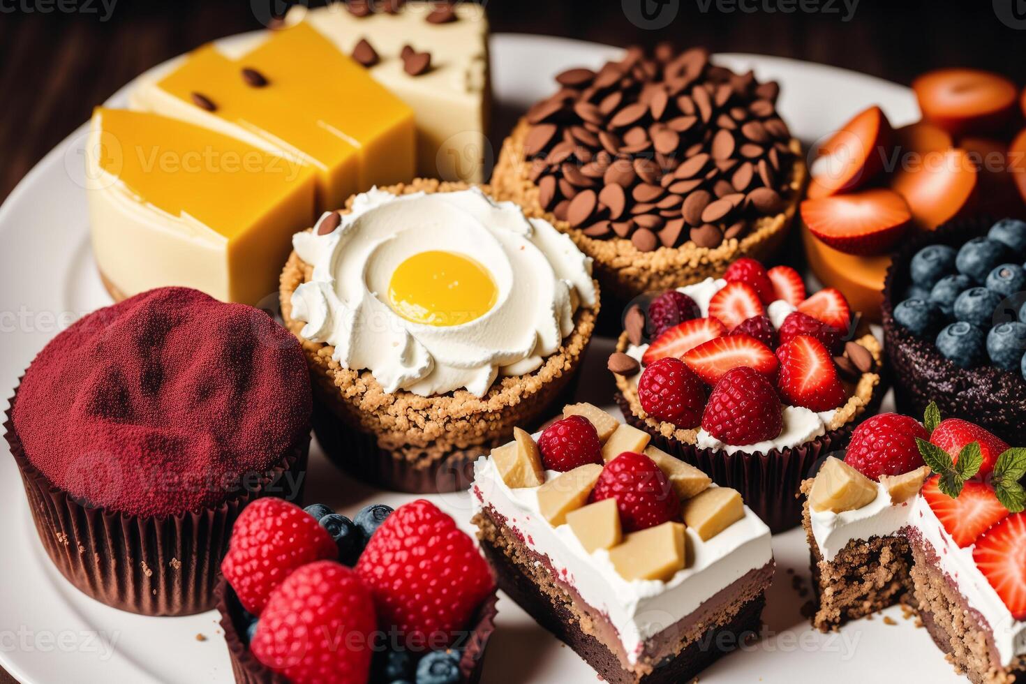 Assortment of cakes with different fillings on a wooden table. Homemade cake. photo