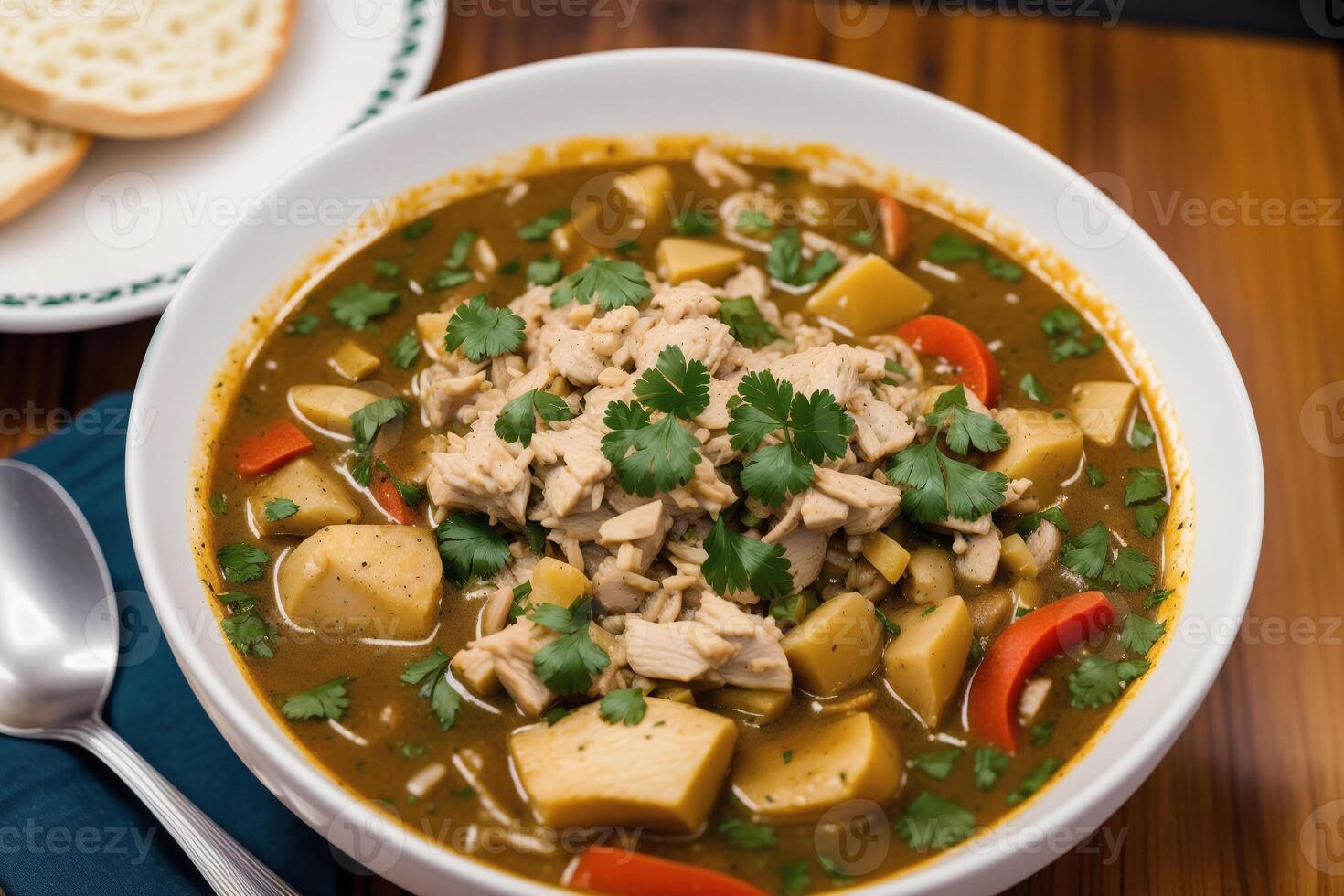 Curry with chicken and vegetables in a bowl on a wooden table. Gumbo. Vegetable soup. Seafood soup photo