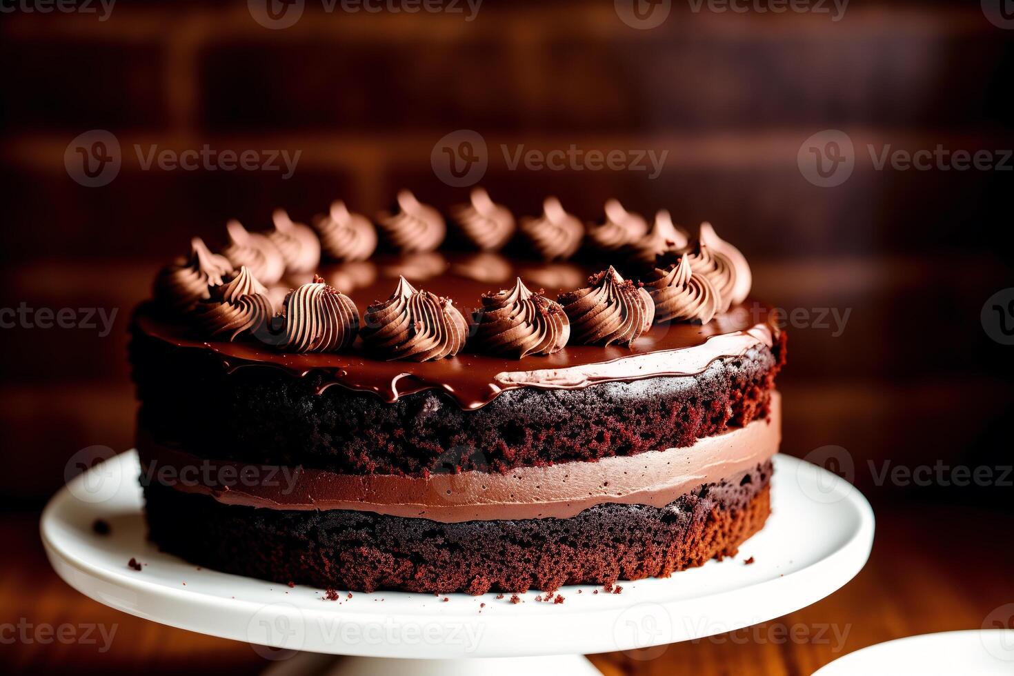 Piece of cake with strawberries and blueberries on a wooden background. Chocolate cake, Tiramisu cake. photo