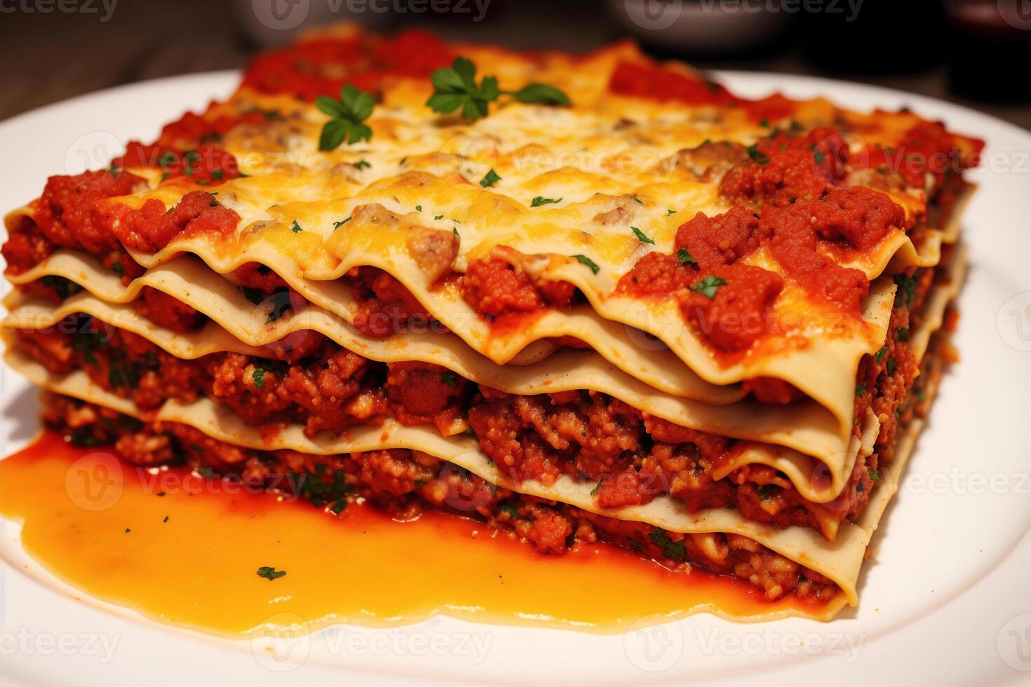 A stack of lasagna with a slice of lasagna on top on a wooden table. photo