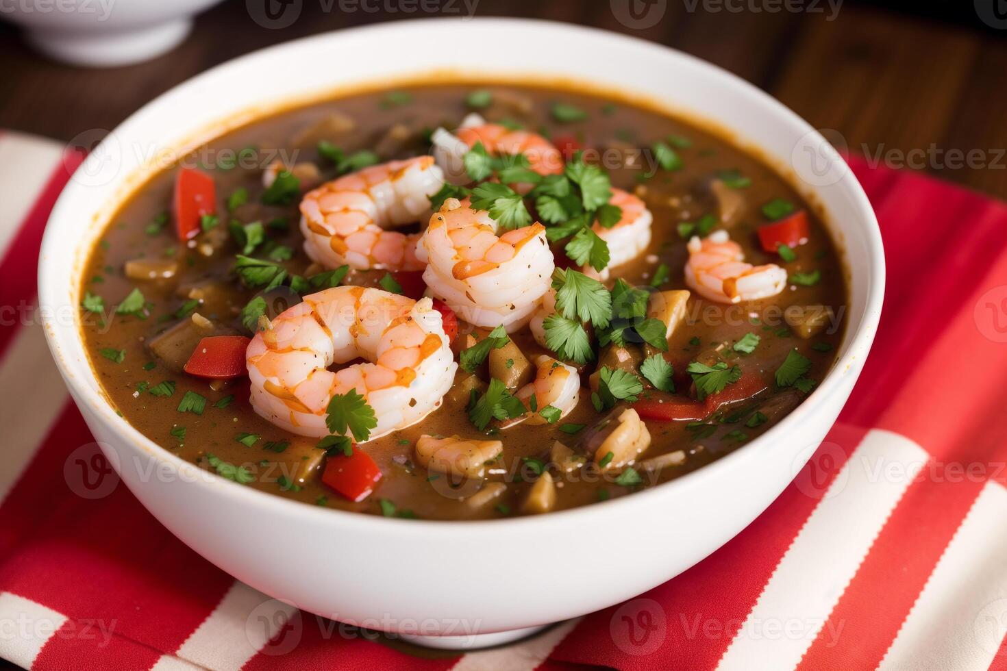 Curry with chicken and vegetables in a bowl on a wooden table. Gumbo. Vegetable soup. Seafood soup photo