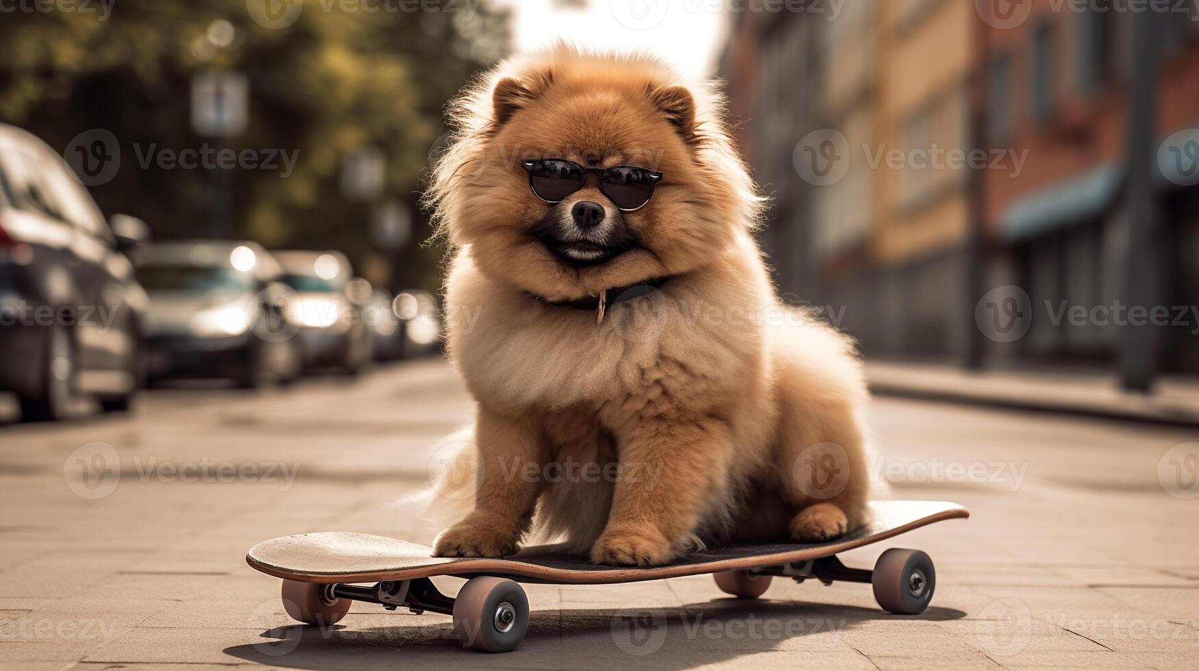 Cool red ginger fluffy dog in sunglasses riding a skateboard down the street funny pets photo