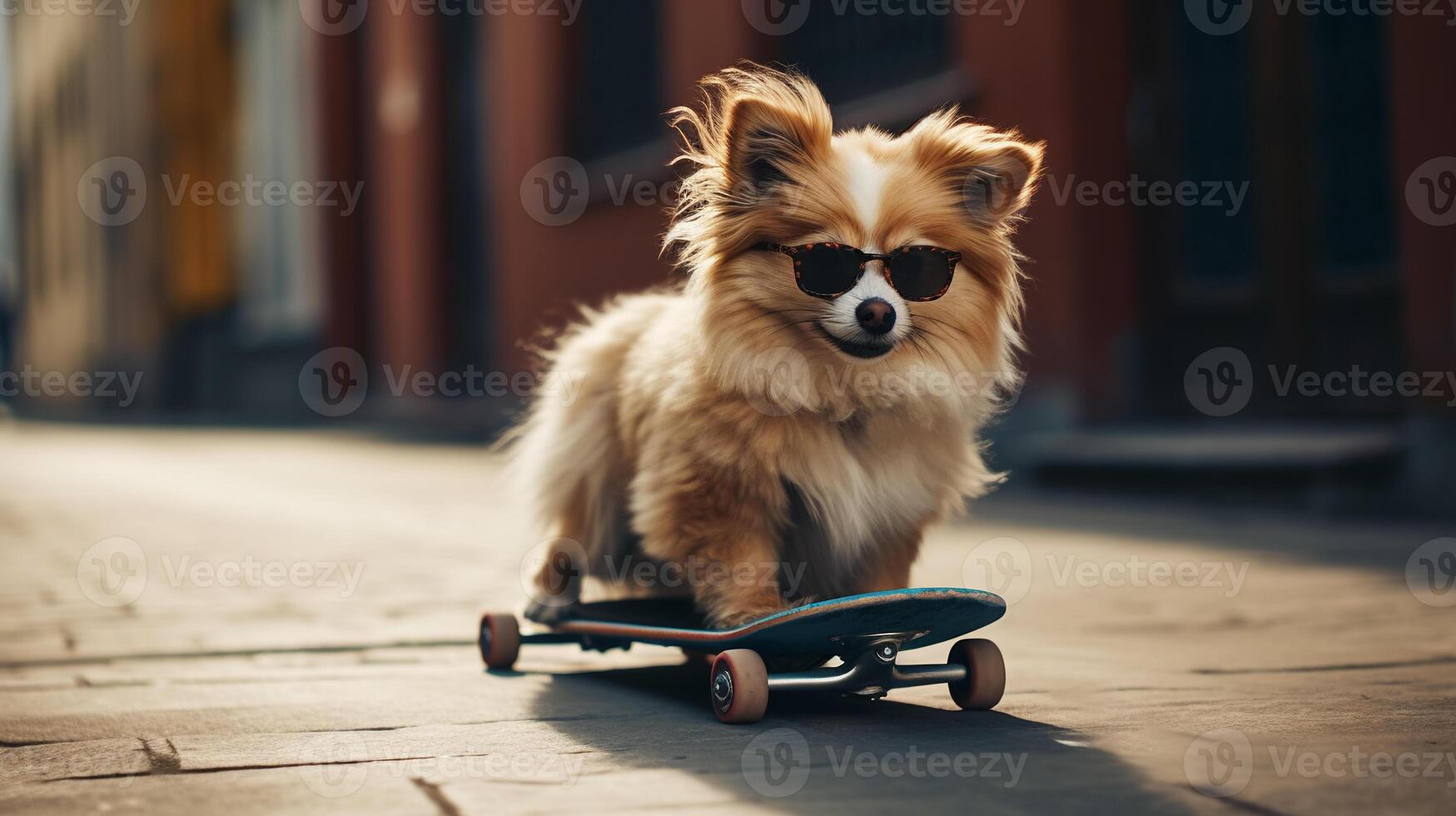 Cool red ginger fluffy dog in sunglasses riding a skateboard down the street funny pets photo