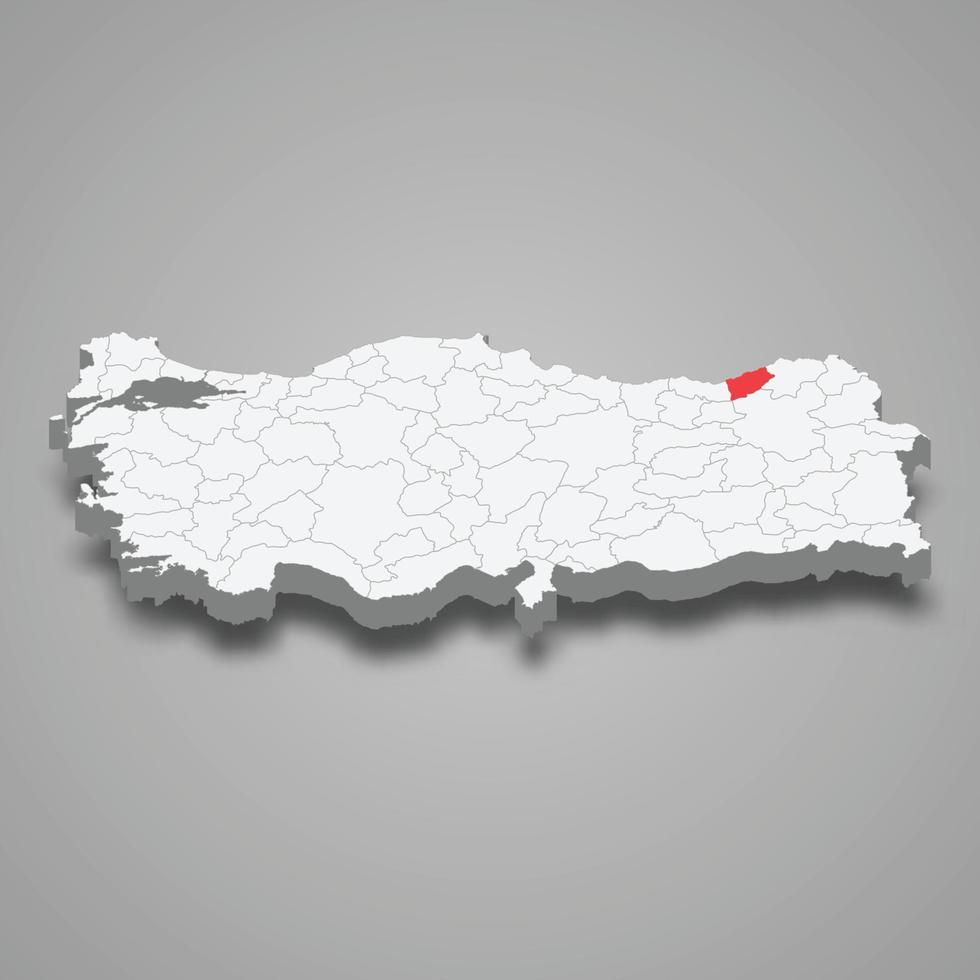Rize region location within Turkey 3d map vector