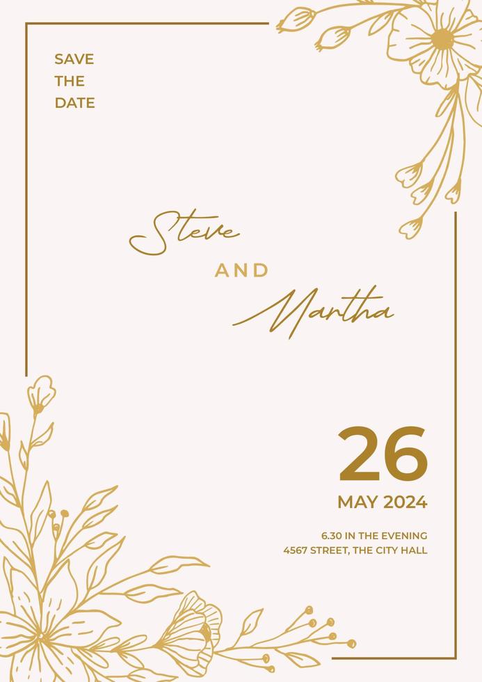 minimalista Boda invitación modelo con oro mano dibujado hojas y flores decoración vector