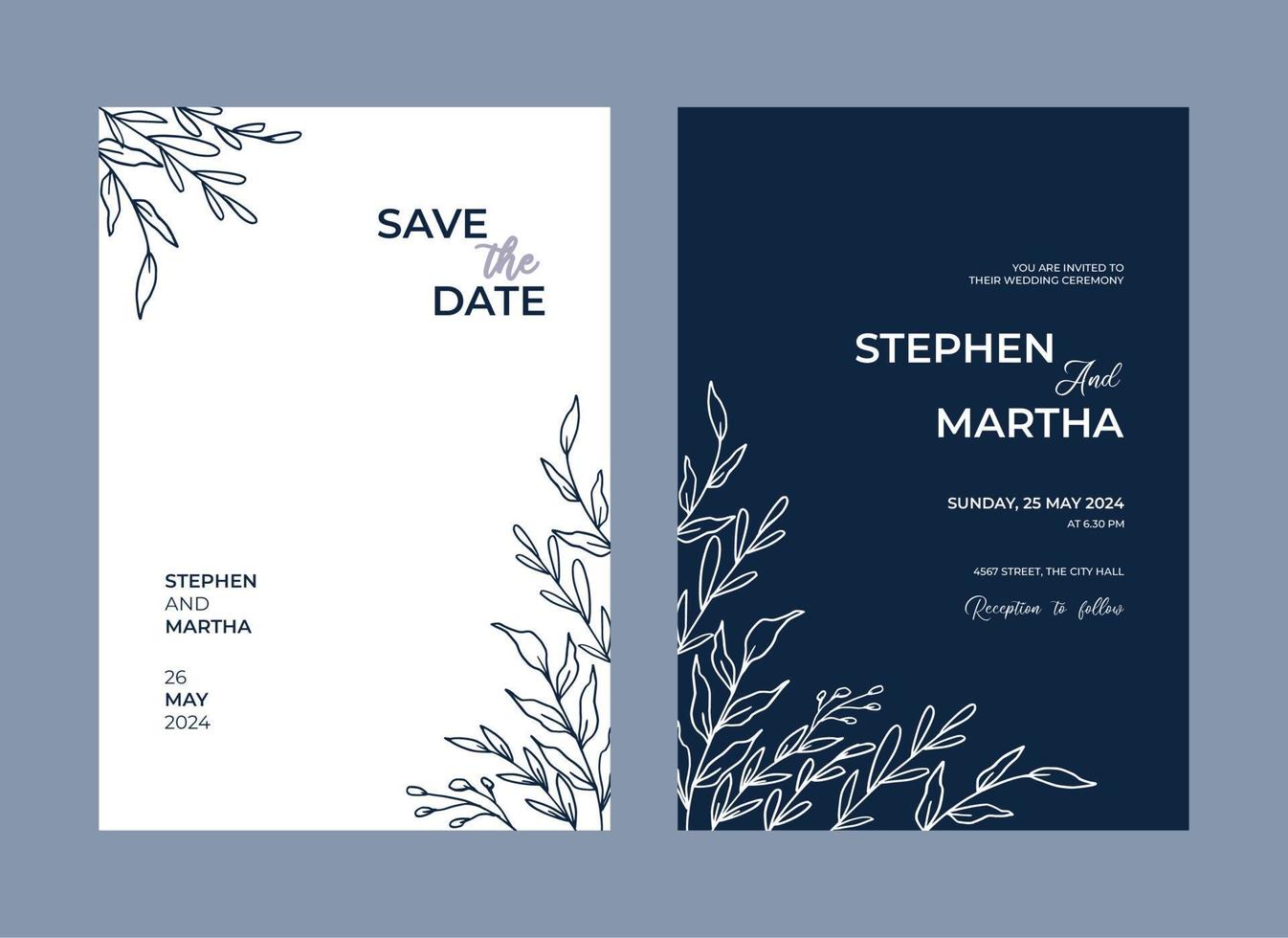 Floral wedding invitation template with organic hand drawn leaves and flowers decoration simple minimalist on white and dark blue background vector