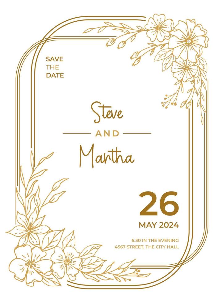 Minimalist wedding invitation template with gold hand drawn leaves and flowers decoration vector