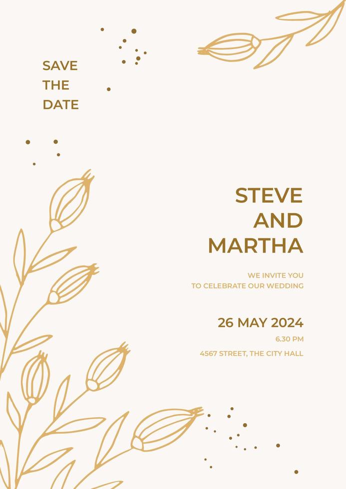 Minimalist wedding invitation template with gold hand drawn leaves and flowers decoration vector