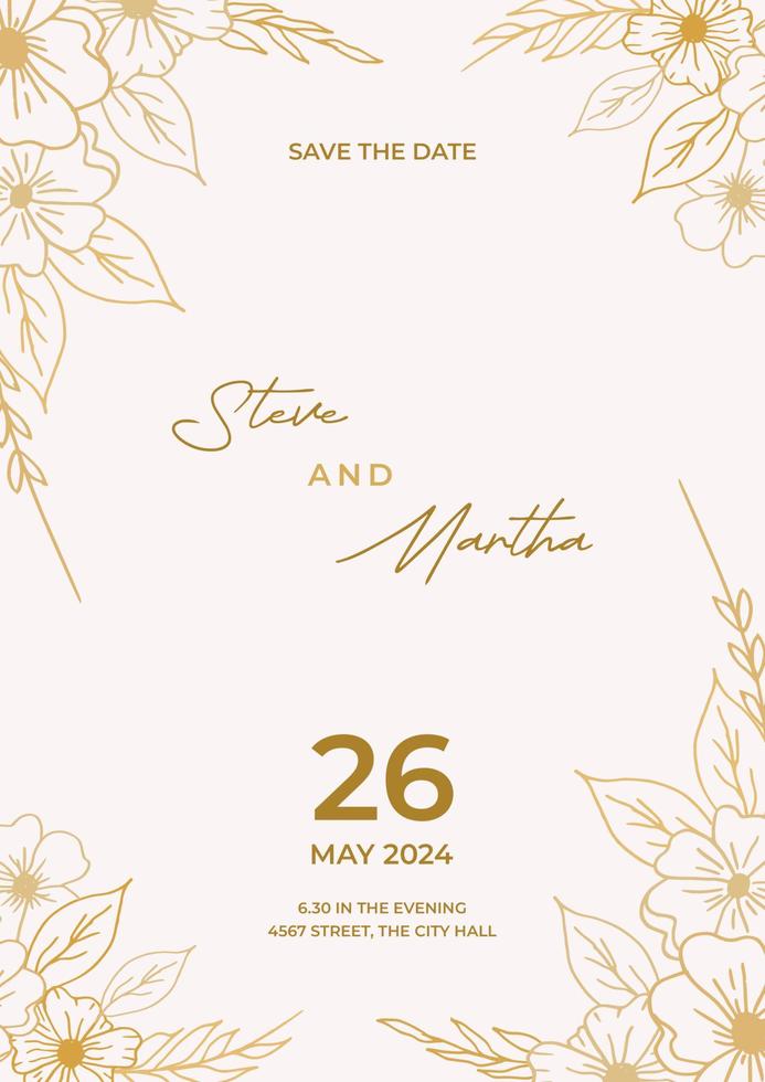 Minimalist wedding invitation template with gold hand drawn leaves and flowers decoration vector