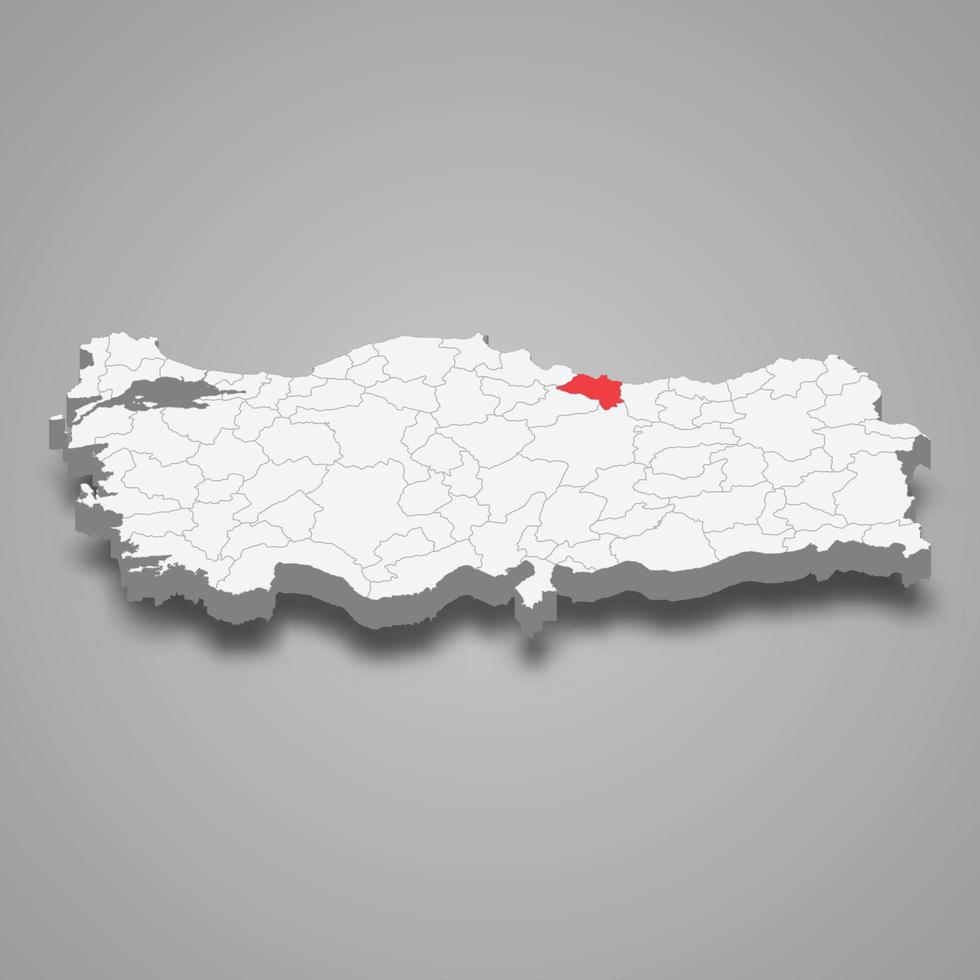 ordu región ubicación dentro Turquía 3d mapa vector