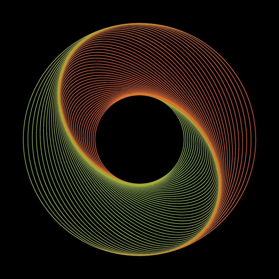 Radial orange and green geometric circle wireframe tunnel logo vector template. Stylish spirograph wavy lines technology spiral.