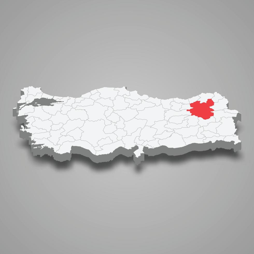 Erzurum region location within Turkey 3d map vector