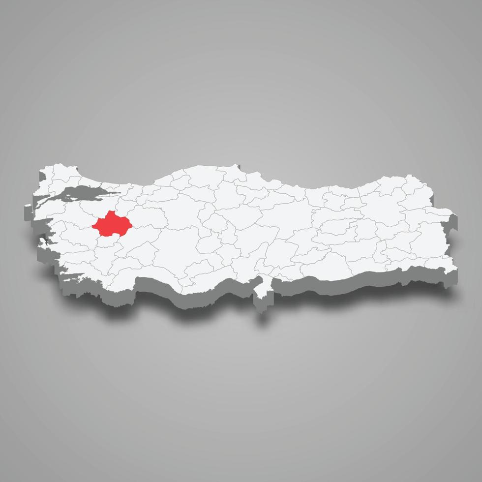 Kutahya region location within Turkey 3d map vector