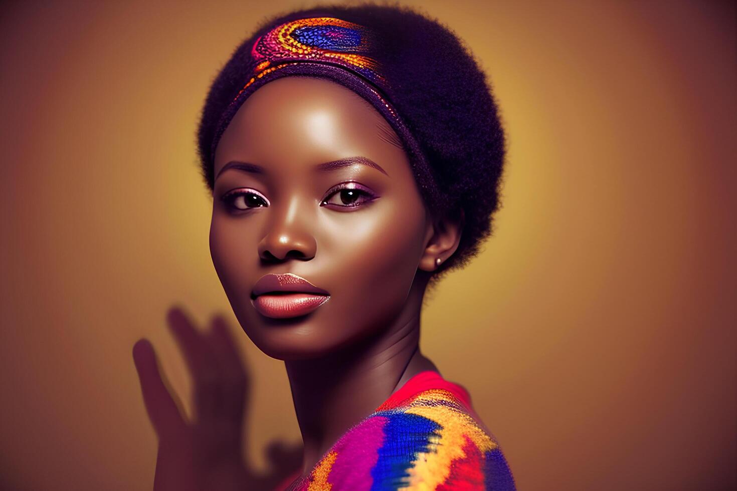 A woman with a colorful outfit and a colorful scarf photo