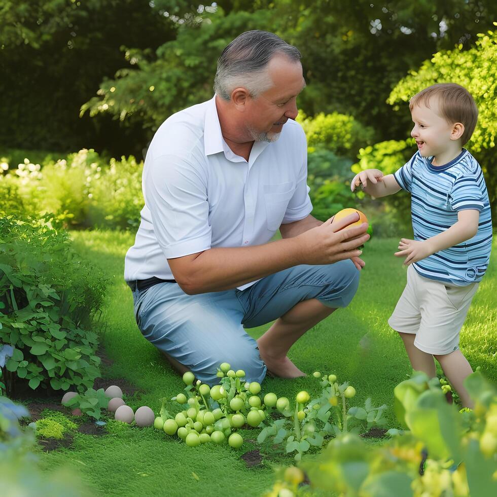 A man and a boy are playing with a ball in a backyard. photo