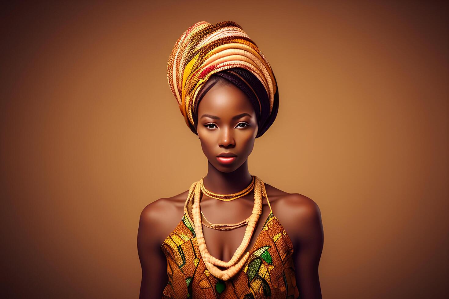A woman in a traditional dress with a gold necklace and a scarf photo