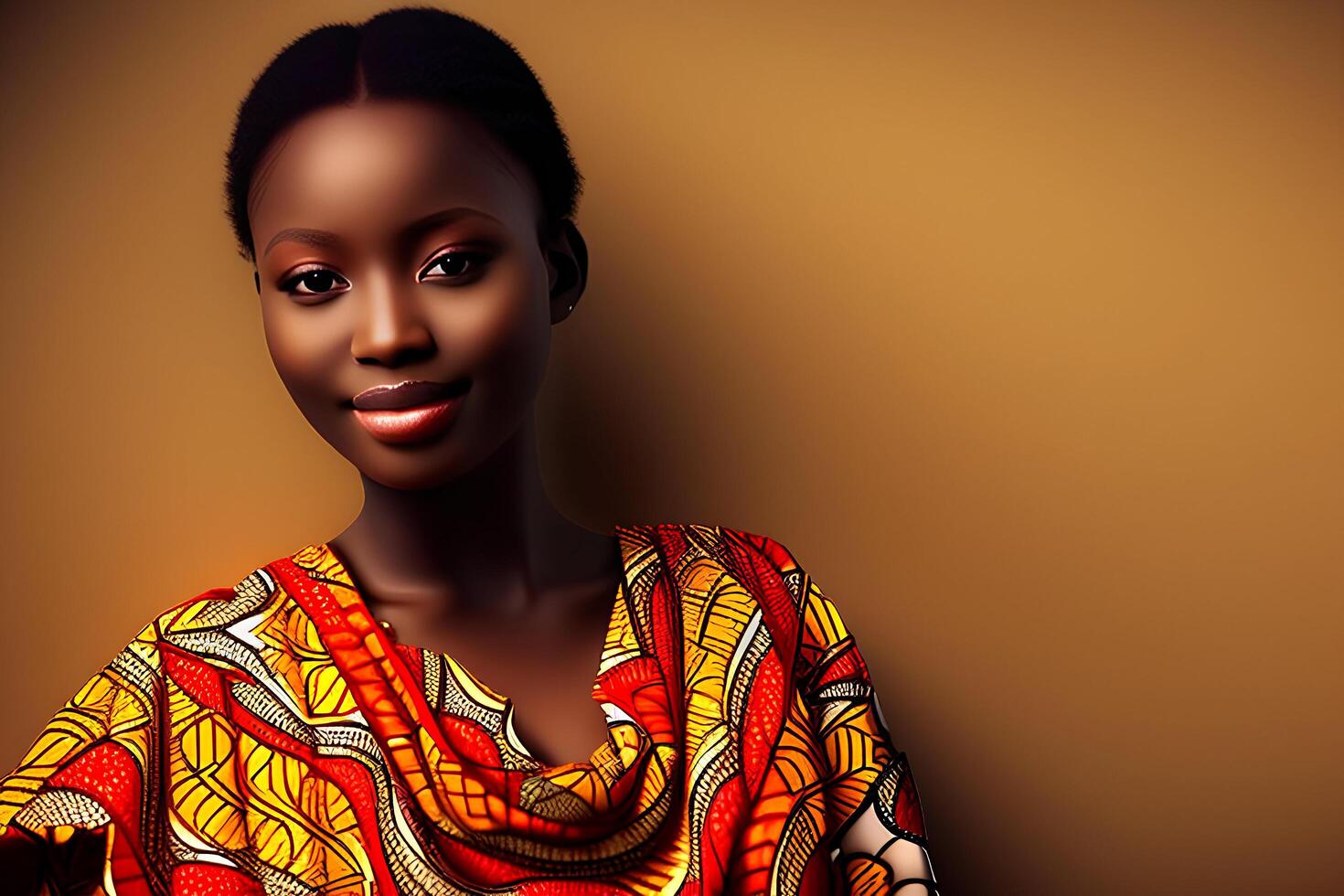 A woman in a red dress stands against a brown wall. photo