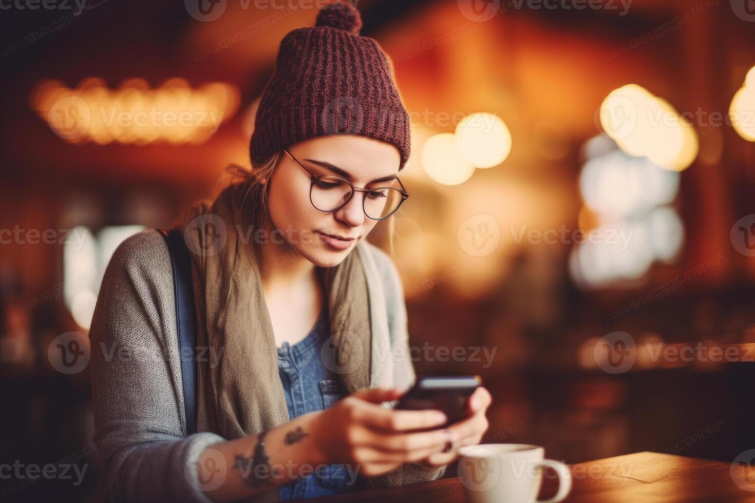 hipster mujer de negocios trabajando desde el cena con su teléfono inteligente bebiendo en un taza de café, ai generativo foto