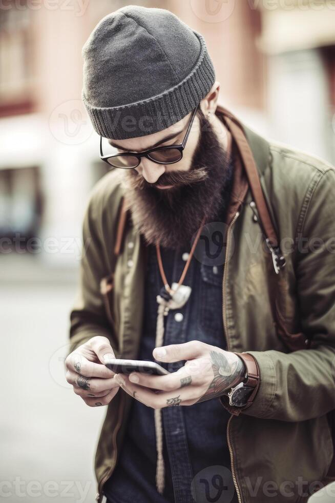 Detail of hipster man with phone, photo