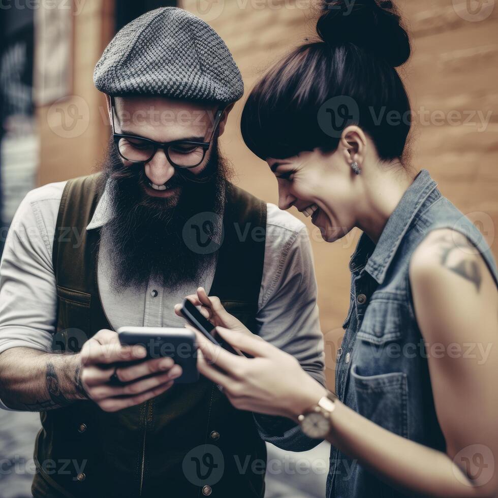 joven hipster Pareja teniendo genuino divertido errante alrededor céntrico pasión de viajar estilo de vida y viaje concepto con chico y niña juntos interactuando en social medios de comunicación con su inteligente teléfono, ai generativo foto