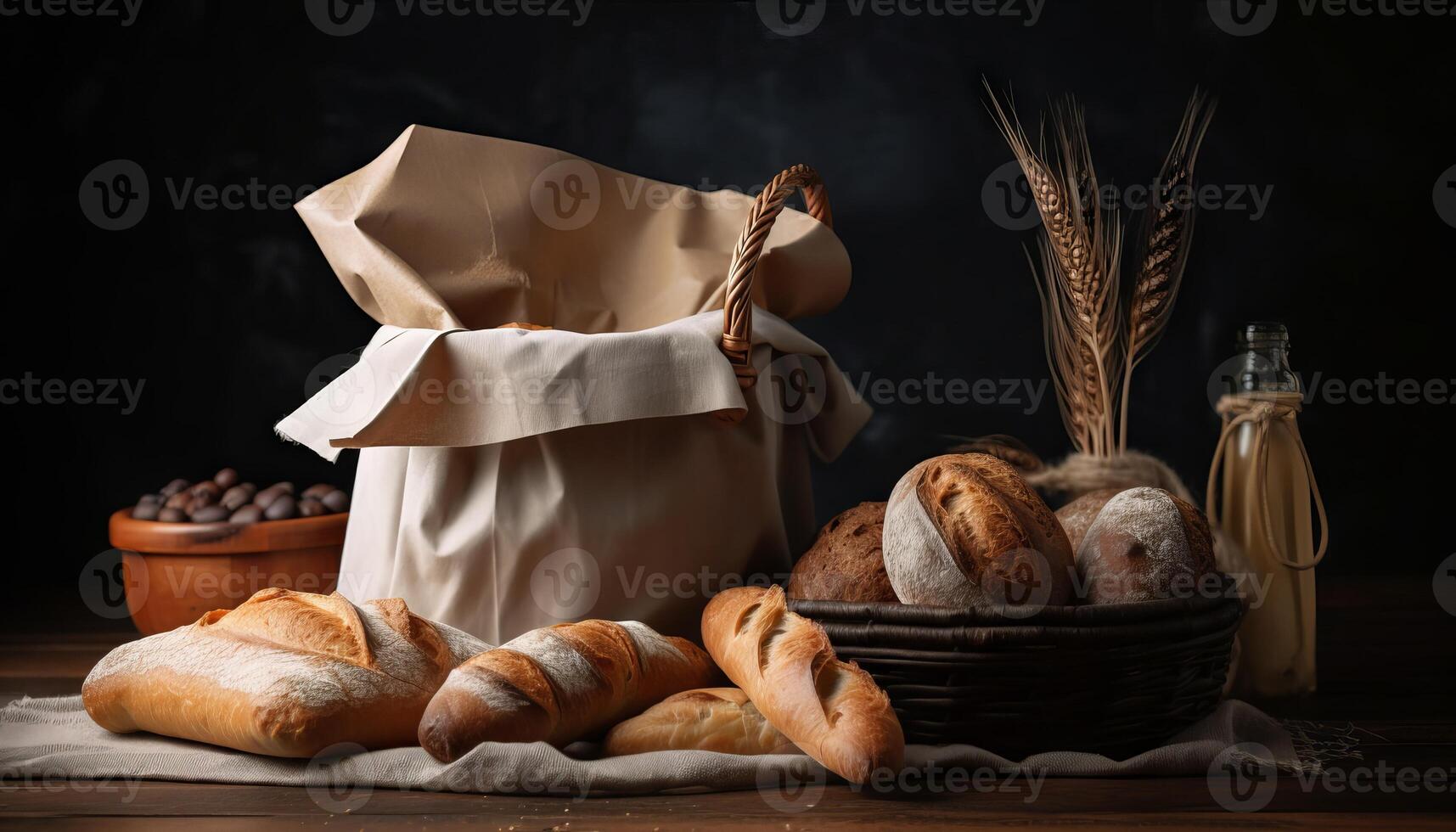 Paper bag with bread and basket of pastry. photo