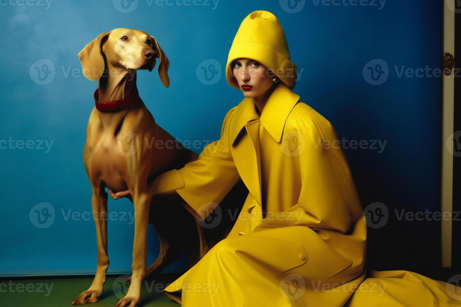 woman with Weimaraner dog in futuristic style photo