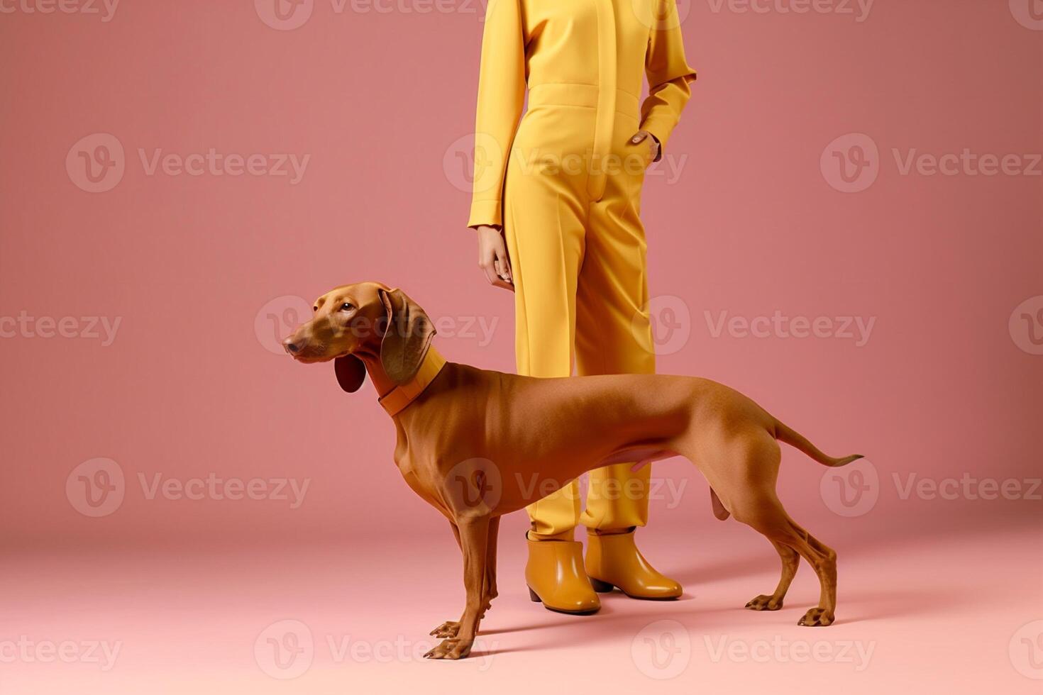 woman with Weimaraner dog in futuristic style photo