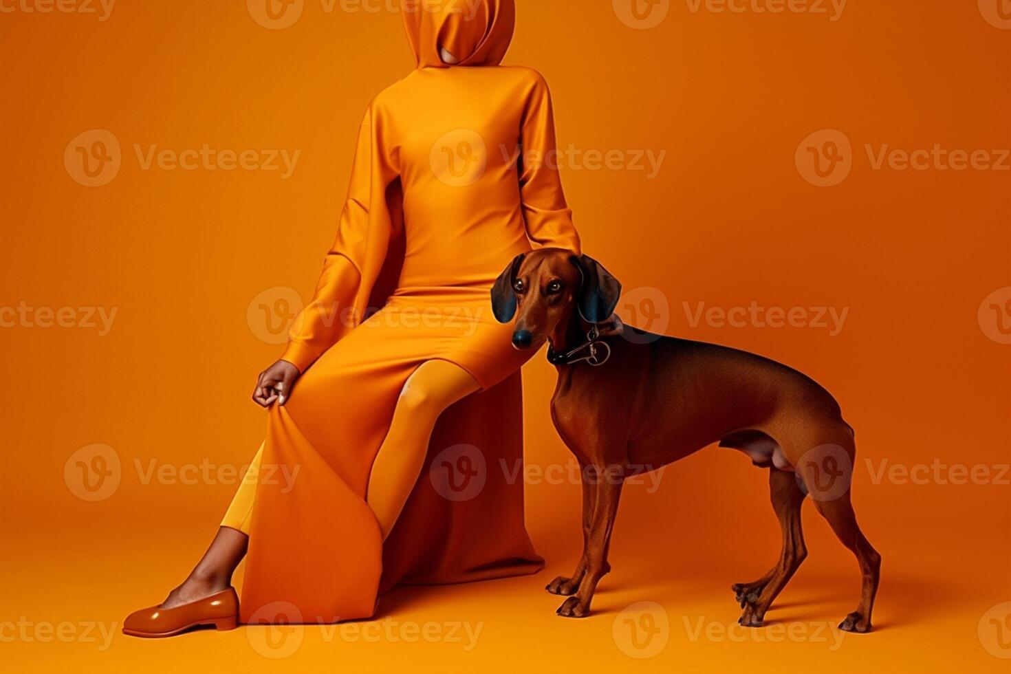 woman with Weimaraner dog in futuristic style photo