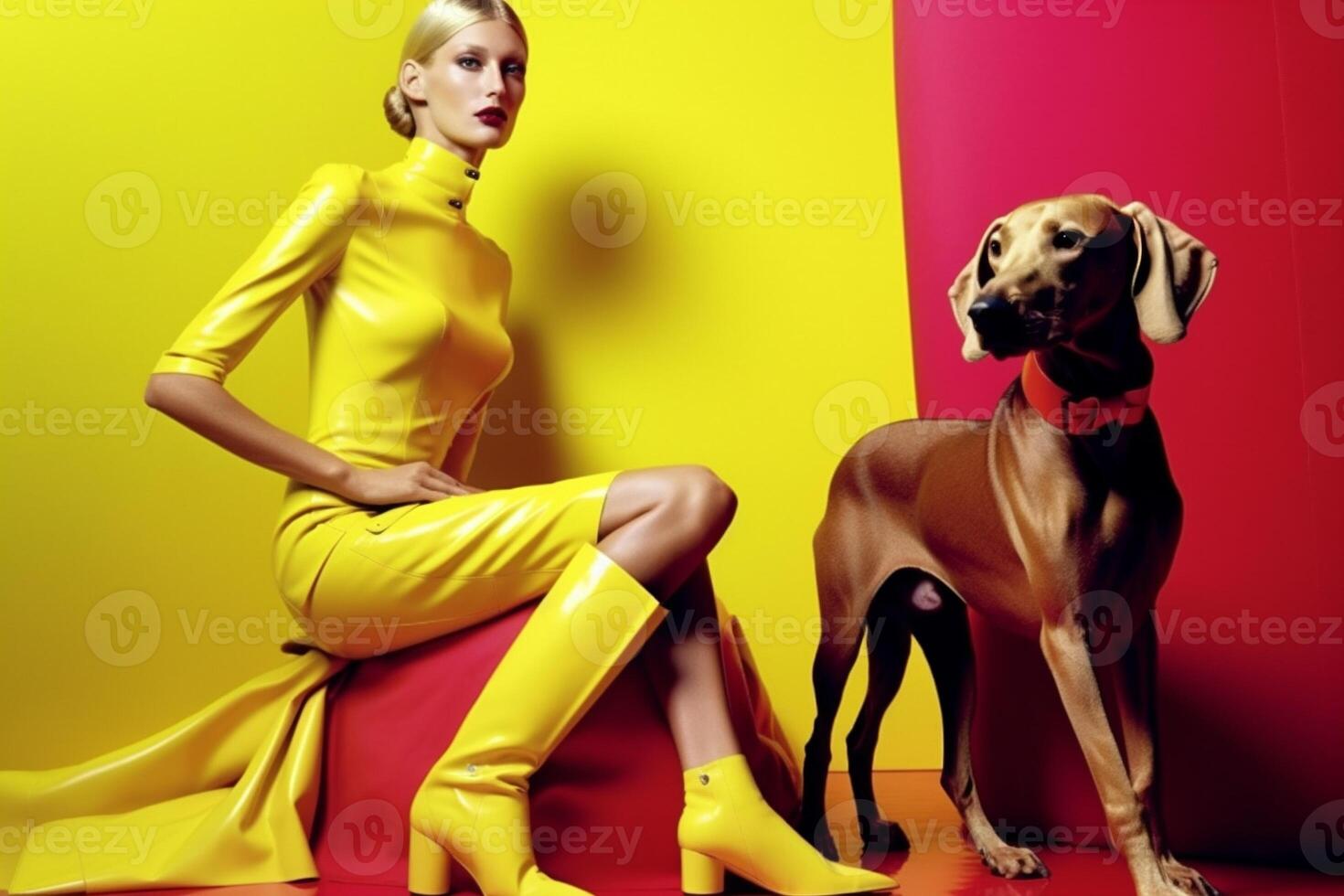woman with Weimaraner dog in futuristic style photo