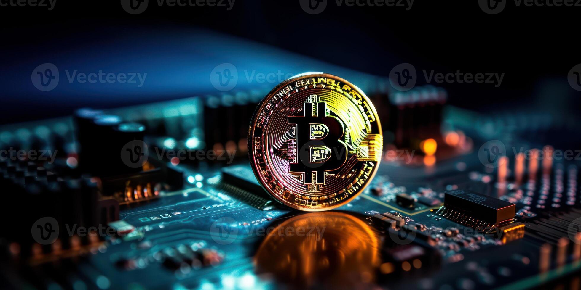 Golden bitcoin with computer circuit background, Crypto currency investment concept. photo