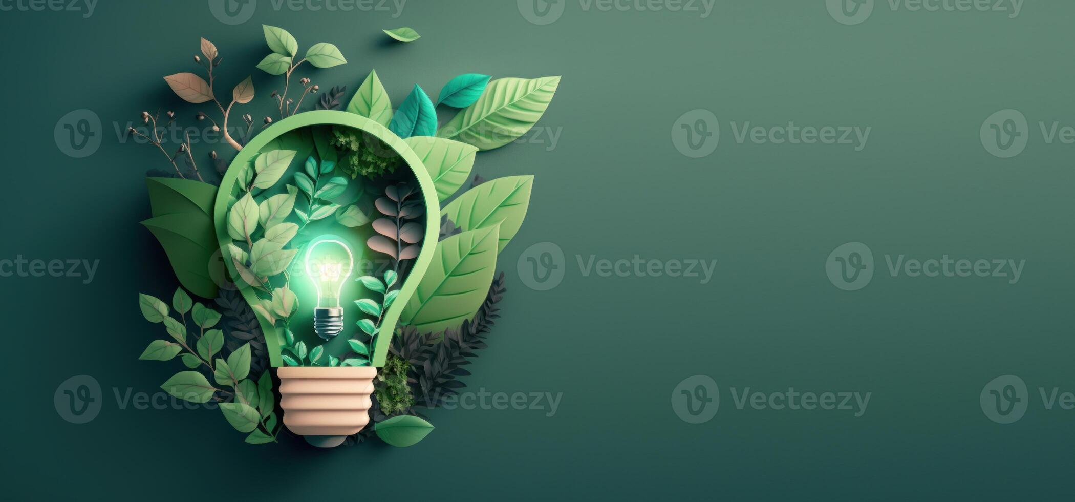 Paper cut of eco friendly light bulb banner with copy space, Renewable and sustainable energy. photo