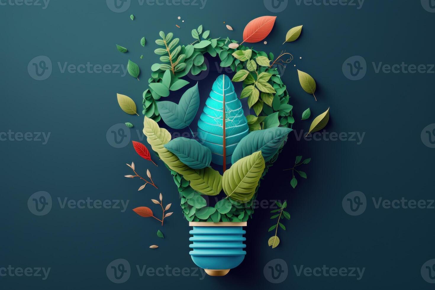 Paper cut of eco friendly light bulb with green leaves, Renewable and sustainable energy concept. photo