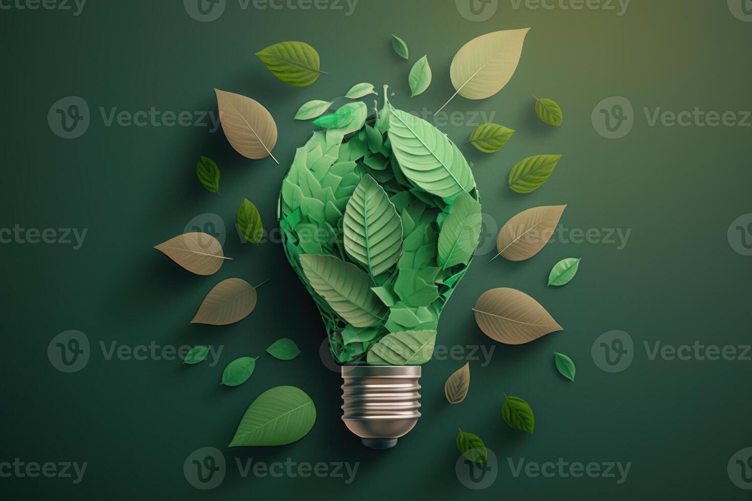 Paper cut of eco friendly light bulb with green leaves, Renewable and sustainable energy concept. photo